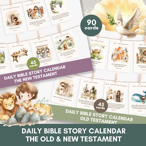 Calendário de Histórias Bíblicas Diárias para Crianças | Cartões de Versículos Bíblicos | Flashcards de Histórias do Antigo e Novo Testamento para Imprimir | Atividade do Plano de Leitura Bíblica