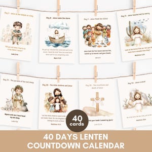 40 dagen vastenkalender voor kinderen | Aftelkaarten voor Pasen met bijbelvers | Afdrukbare schriftteksten van Jezus Flashcards | Dagelijkse vastenactiviteiten 2025