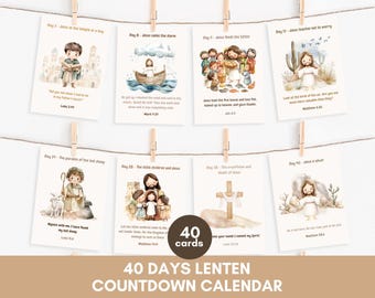 May include: A set of 40 illustrated cards for a Lenten countdown calendar. Each card features a different scene from the Bible with a corresponding scripture reference. The cards are designed with a watercolor style and feature cute, cartoon-like characters.