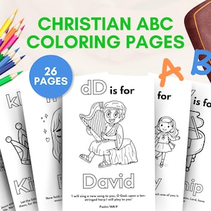 26 páginas para colorear cristianas con el alfabeto / Libro para colorear con versículos bíblicos para la escuela dominical / Actividades del alfabeto para niños en edad preescolar