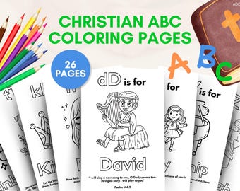 26 christelijke kleurplaten ABC | Afdrukbaar thuisonderwijs | Kleurboek bijbelvers zondagsschool | Alfabetactiviteiten voor kinderen