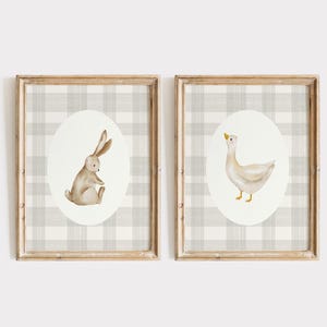 Goose and Bunny Nursery Print Set of 2 | Vintage Kids Art | Baby Shower Gift Duck Gingham Nursery Decor Neutral | Coquette Rabbit Wall Art