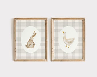 Goose and Bunny Nursery Print Set of 2 | Vintage Kids Art | Baby Shower Gift Duck Gingham Nursery Decor Neutral | Coquette Rabbit Wall Art