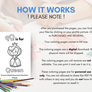 May include: Black and white printable coloring page featuring a queen with a crown and the text "Q is for Queen". The queen of Sheba brings presents to King Solomon. 1 Kings 10.
