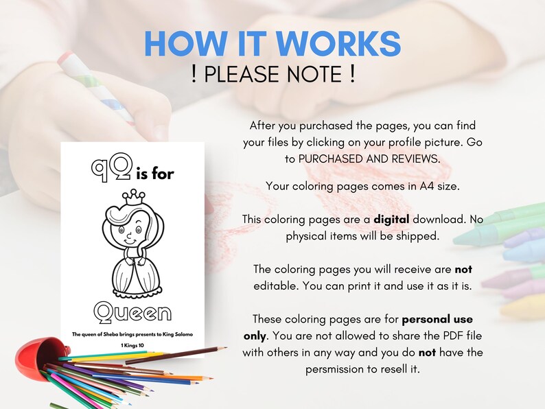 May include: Black and white printable coloring page featuring a queen with a crown and the text "Q is for Queen". The queen of Sheba brings presents to King Solomon. 1 Kings 10.