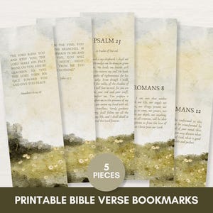 May include: Five printable bookmarks featuring Bible verses. Each bookmark has a watercolour background with a floral design and a white border. The verses are: Numbers 6:24-26, John 15:5, Psalm 23, Romans 8, and Romans 12.