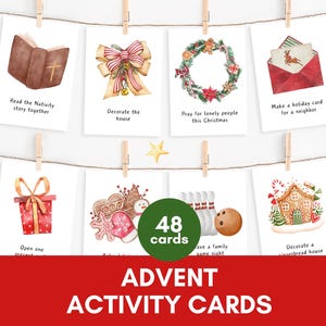 48 christliche Adventskarten für Kinder | Weihnachts-Countdown | Druckbare Karteikarten für Adventskalender | Feiertags-Familienaktivitäten