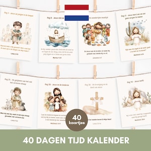 Puede incluir: Un conjunto de 40 tarjetas ilustradas para un calendario devocional de 40 d&iacute;as. Cada tarjeta presenta una ilustraci&oacute;n de acuarela de una escena b&iacute;blica con una referencia b&iacute;blica correspondiente. Las tarjetas est&aacute;n dise&ntilde;adas con un esquema de color marr&oacute;n claro y beige y presentan una bandera holandesa.