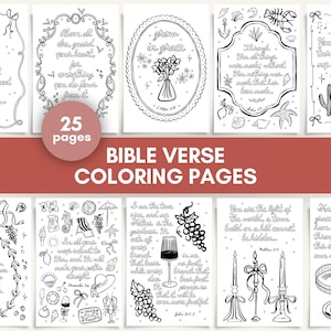 May include: A set of 25 black and white coloring pages featuring Bible verses. Each page includes a different verse and a decorative design. The title "Bible Verse Coloring Pages" is displayed at the top of the image.