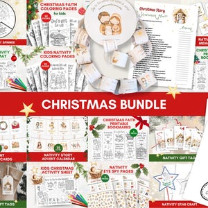 Peut inclure: Un ensemble de Noël avec des activités imprimables, comprenant des pages à colorier, une toupie de l'histoire de la nativité, des sets de table, des cartes de l'Avent, une chasse au trésor, des marque-pages, des étiquettes cadeaux et une étoile artisanale.