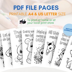 May include: Black and white printable colouring pages featuring bible verses and cute animal illustrations. The pages are designed for A4 and US letter size paper. The text on the pages includes: "Trust the Lord and do what is right", "Every work can be done by His power", "Make a joyful noise unto the Lord", "All things were made by Him", "Give us this day our daily bread", "We love Him because He first loved us".