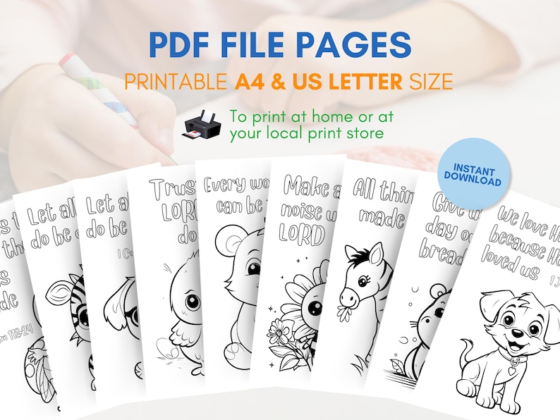 May include: Black and white printable colouring pages featuring bible verses and cute animal illustrations. The pages are designed for A4 and US letter size paper. The text on the pages includes: "Trust the Lord and do what is right", "Every work can be done by His power", "Make a joyful noise unto the Lord", "All things were made by Him", "Give us this day our daily bread", "We love Him because He first loved us".
