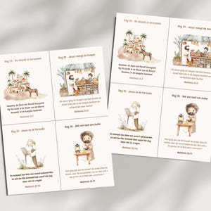 Puede incluir: Un conjunto de 6 tarjetas ilustradas con im&aacute;genes de acuarela y texto en holand&eacute;s. Las tarjetas presentan escenas de la Biblia, incluyendo a Jes&uacute;s limpiando el templo, Jes&uacute;s y los fariseos, y la traici&oacute;n de Judas. Cada tarjeta tiene un t&iacute;tulo y un vers&iacute;culo b&iacute;blico.