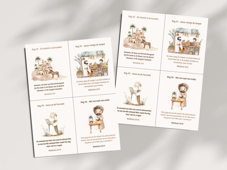 Puede incluir: Un conjunto de 6 tarjetas ilustradas con im&aacute;genes de acuarela y texto en holand&eacute;s. Las tarjetas presentan escenas de la Biblia, incluyendo a Jes&uacute;s limpiando el templo, Jes&uacute;s y los fariseos, y la traici&oacute;n de Judas. Cada tarjeta tiene un t&iacute;tulo y un vers&iacute;culo b&iacute;blico.