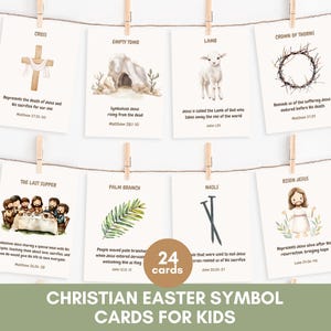 24 tarjetas con símbolos cristianos de Pascua para niños / Tarjetas de estudio de versículos bíblicos de Semana Santa, tarjetas imprimibles con la historia de Jesús / Descarga digital