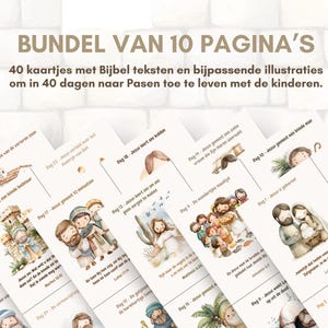 Puede incluir: Un conjunto de 10 p&aacute;ginas imprimibles con 40 tarjetas ilustradas que presentan vers&iacute;culos b&iacute;blicos e im&aacute;genes. Las tarjetas est&aacute;n dise&ntilde;adas para ayudar a los ni&ntilde;os a aprender la historia de Pascua durante 40 d&iacute;as. El texto en la p&aacute;gina dice "BUNDEL VAN 10 PAGINA'S 40 kaartjes met Bijbel teksten en bijpassende illustraties om in 40 dagen naar Pasen toe te leven met de kinderen."