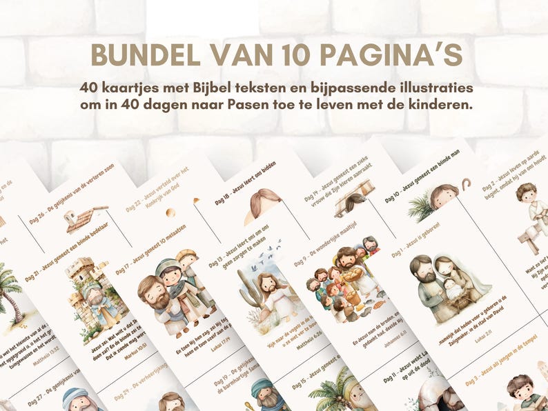 Puede incluir: Un conjunto de 10 p&aacute;ginas imprimibles con 40 tarjetas ilustradas que presentan vers&iacute;culos b&iacute;blicos e im&aacute;genes. Las tarjetas est&aacute;n dise&ntilde;adas para ayudar a los ni&ntilde;os a aprender la historia de Pascua durante 40 d&iacute;as. El texto en la p&aacute;gina dice "BUNDEL VAN 10 PAGINA'S 40 kaartjes met Bijbel teksten en bijpassende illustraties om in 40 dagen naar Pasen toe te leven met de kinderen."