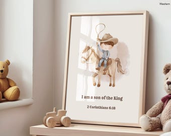 Arte de parede cristã para quarto de bebê | Eu sou filho do Rei | Versículo bíblico para imprimir com tema de faroeste | Versículo bíblico para imprimir para crianças | Tema do Velho Oeste