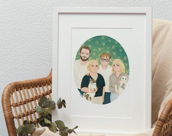 Jolie illustration de portrait de famille à partir d'une photo fait main Portrait de famille couple impression personnalisée cadeau fête des mères pour maman