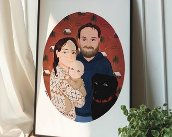 Cute Family Portrait with Pets, Illustration from Photo, Handmade Family Portrait, Couple Gift, Custom Personalized Print, Mother's Day Gift
