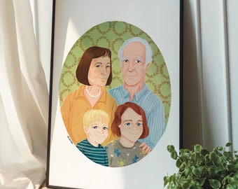Joli portrait de famille, illustration à partir d'une photo, cadeau pour couple fait main, impression d'art personnalisée, dessin de maman personnalisé, portrait de dessin animé,