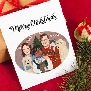 Tarjeta de Navidad hecha a mano con ilustración de retrato con mascotas, tarjeta de Navidad personalizada, regalo de pareja con retrato, impresión personalizada, regalo