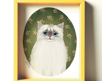 May include: A framed illustration of a white cat with blue eyes, sitting in a green oval with pink floral pattern.