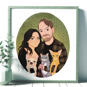 Cute Family Portrait with Pets Illustration from Photo Handmade Family Portrait Gift for mom Custom Personalized  wall art Mother's Day Gift