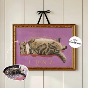Retrato de gato divertido personalizado, ilustración colorida dibujada a mano, obra de arte personalizada para mascotas, regalo significativo para amantes de los gatos, memorial para gatos