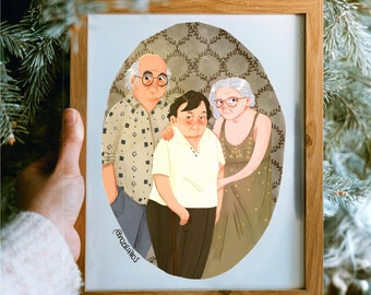 May include: A framed illustration of four people, two women and two men, standing together. The women are wearing dresses and the men are wearing shirts and pants. The background is a patterned wallpaper.