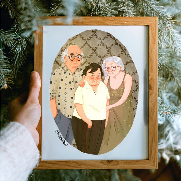 Lindo retrato familiar, Ilustración de foto, Retrato familiar hecho a mano, Retrato de pareja, Impresión personalizada, Regalo de Navidad, Arte