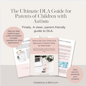 Op de afbeelding: Een gids getiteld "De ultieme DLA-gids voor ouders van kinderen met autisme". De gids bevat stapsgewijze walkthroughs, briefsjablonen en is bijgewerkt voor aanvragen in 2025. De gids is bedoeld om ouders te helpen.