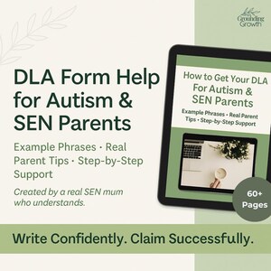 Puede incluir: Una tableta digital muestra el texto "How to Get Your DLA For Autism & SEN Parents." La imagen también incluye el texto "DLA Form Help for Autism & SEN Parents" y "Write Confidently. Claim Successfully."