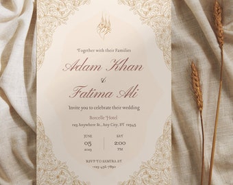 Editable Nikkah Wedding Invitation, Beige & Gold Wedding Invitation, Customizable Islamic Wedding Invite Template, Muslim Wedding Invite