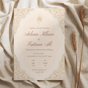 Convite de casamento Nikkah editável, convite de casamento bege e dourado, modelo de convite de casamento islâmico personalizável, convite de casamento muçulmano