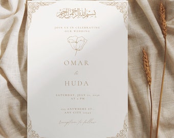 May include: A wedding invitation with a gold border and a floral design. The invitation reads "Join us in celebrating our wedding" and includes the names Omar and Huda, the date and time of the wedding, and the address. The invitation also includes the text "reception to follow".