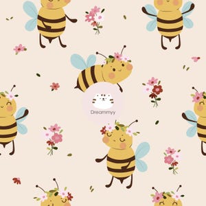 Bee with Flower Headband  Seamless  Pattern , Bee  Digital Paper , Bee  Repeat Pattern ,Kawaii  Nursery Fabric Print