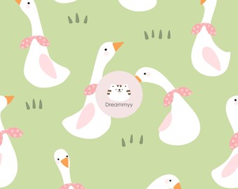 Goose with Polka Dot Bow  Seamless Repeat Pattern , Goose Digital Paper , Cottagecore Farm Animal Repeat Pattern , Nursery Fabric Print ,