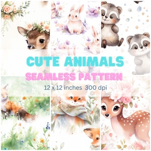 Könnte beinhalten: Ein nahtloses Muster mit niedlichen Aquarell-Illustrationen von Tieren, darunter ein Reh, ein Fuchs, ein Kaninchen und ein Waschbär. Das Muster ist auf einem weißen Hintergrund mit rosa und grünen floralen Akzenten gesetzt. Der Text "Cute Animals Seamless Pattern 12 x 12 inches 300 dpi" wird in der Mitte des Bildes angezeigt.
