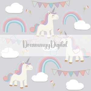 May include: A digital paper pack with a whimsical theme featuring unicorns, rainbows, clouds, and flags. The text "Dreammy Digital" is included in the design.