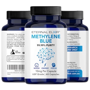 Methylene Blue Capsules, Lab Tested USP Grade Ultra High Purity 10mg x 60 Capsules for Biohacking Use