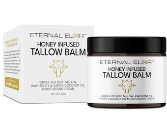 Tallow Balm, Honey Infused Moisturizing Balm, Grass Fed Beef Tallow, Raw Honey & Virgin Coconut Oil Cream Balm