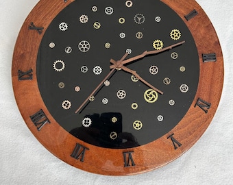 Steam punk clock cast in resin with mahogany outer ring