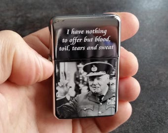 Winston Churchill Victory Engraved Lighter – Refillable Chrome Flame | British Icon Gift for History Buffs