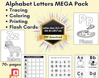 Alphabet Worksheets, Alphabet Coloring Pages,  Preschool-KDG Phonics, Kindergarten Handwriting Letter Practice, Alphabet Flashcards, ABCs