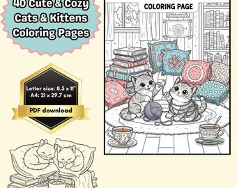 Cute and Cozy Cats and Kittens Coloring Pages, Adorable Hygge Cat Coloring, Adult and Kids Coloring, Animal Coloring Sheets, Printable PDF
