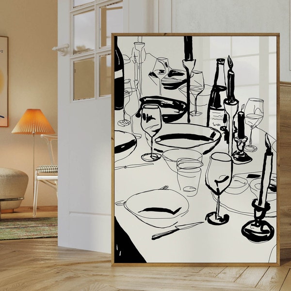 Dinner table Art Wall Digital Art Poster Downloadable print Printable Art Home Decor Wall Decoration Black and White Modern Simple gallery