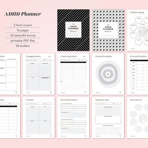 Digital planner for ADHD, Managing anxiety workbook digital download, Adult therapy journal with stickers