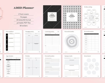 Digital planner for ADHD, Managing anxiety workbook digital download, Adult therapy journal with stickers