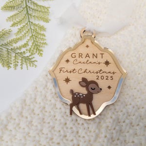 Personalized Baby Deer First Christmas Ornament 2025, Holiday Keepsake, Custom Name Engraved Holiday Ornament, Baby's first Christmas.